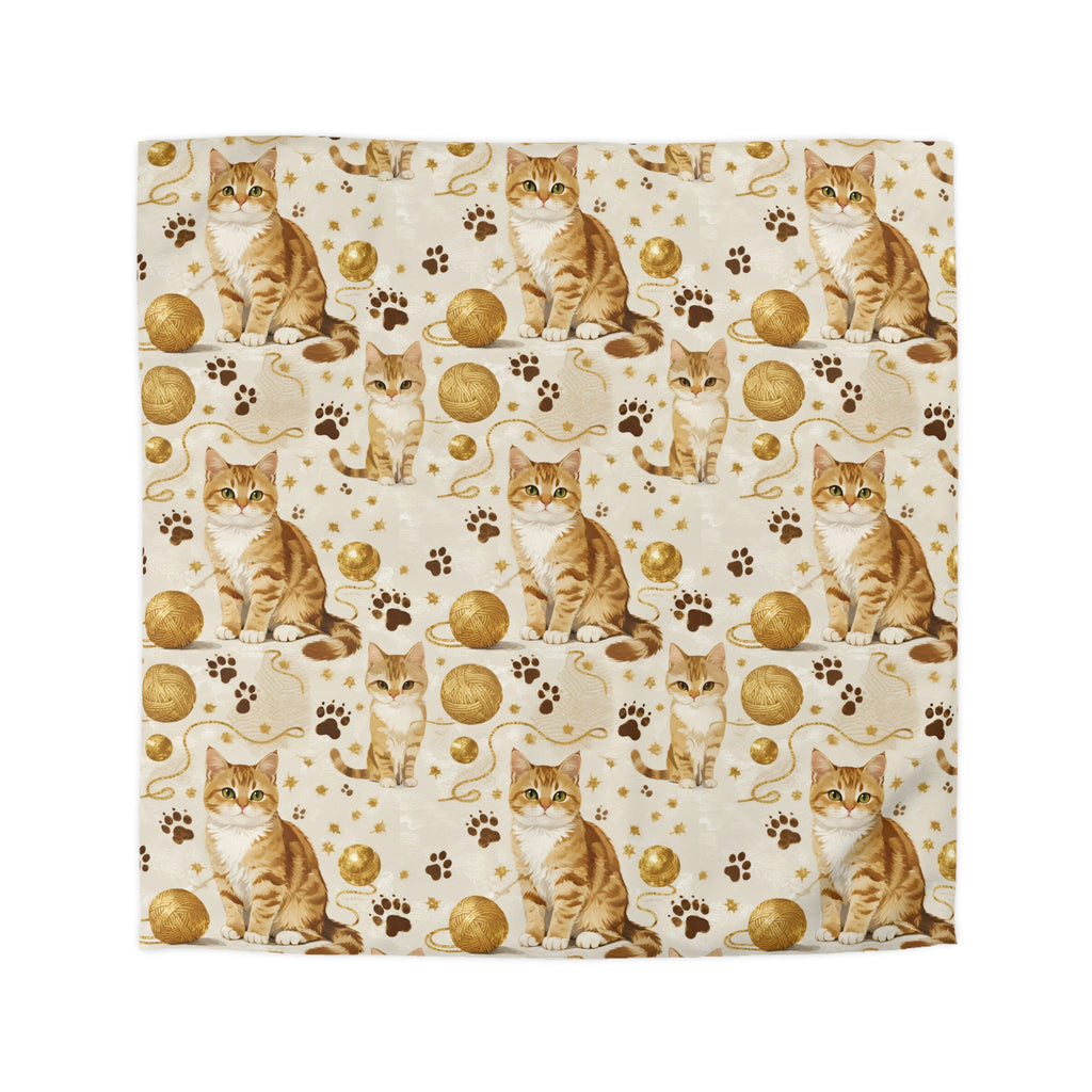 Duvet Cover - Adorable ginger cat with bright green eyes, sparkling gold yarn and paw prints, classic tabby cat illustration, cream background, cute and charming pet themed art