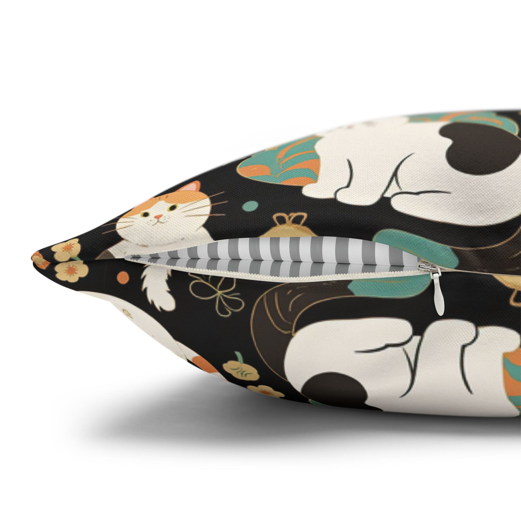 Square Pillowcase - Traditional Japanese Maneki-Neko Cats and Auspicious Symbols Grace a Dark Background in this Fortunate Pattern