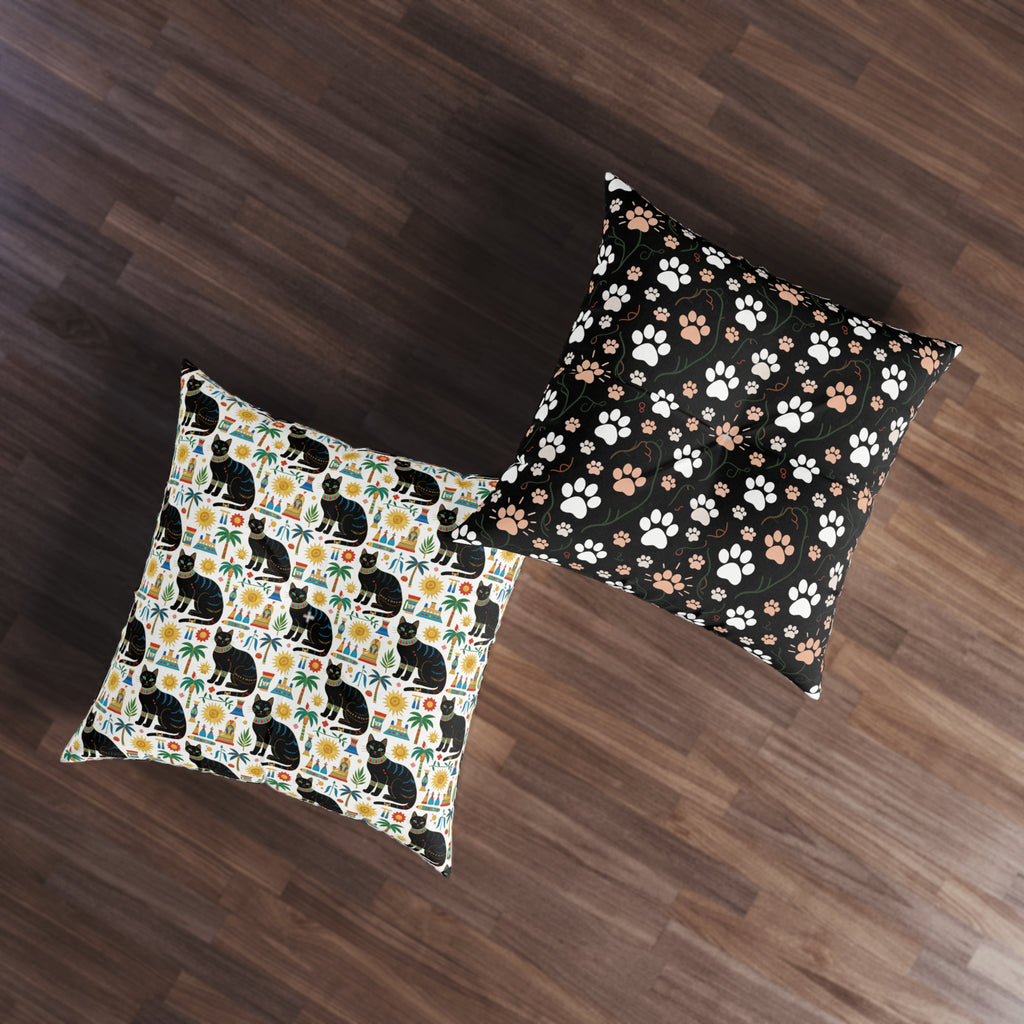 Indoor Square Floor Pillow - Majestic Black Egyptian Cats with Vibrant Adornments and Desert Motifs Create a Striking and Culturally Rich Design