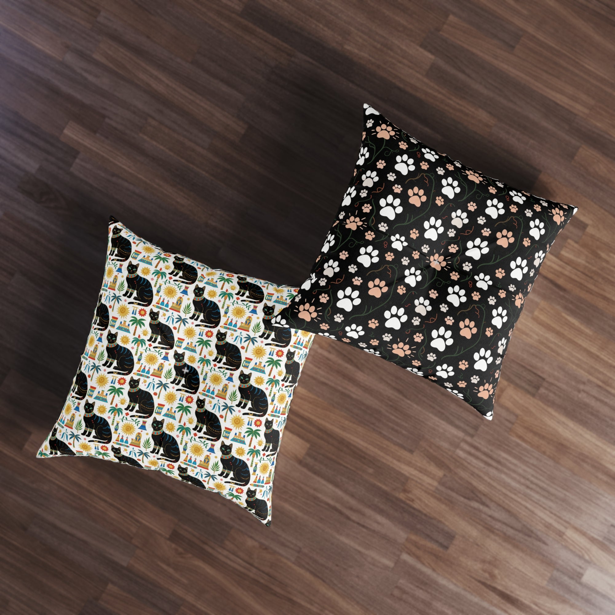 Indoor Square Floor Pillow - Majestic Black Egyptian Cats with Vibrant Adornments and Desert Motifs Create a Striking and Culturally Rich Design