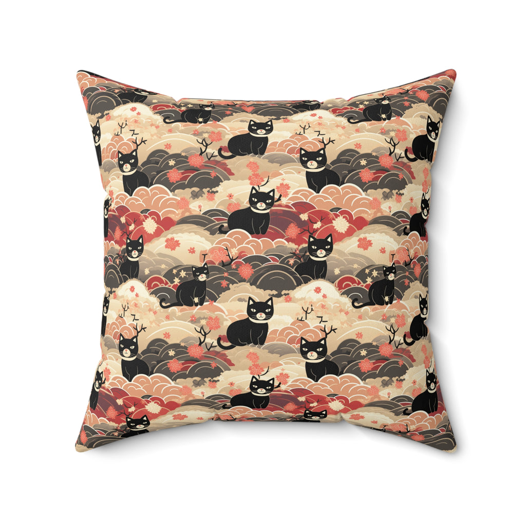 Indoor Square Pillow - A whimsical and enchanting Japanese-style pattern featuring cute black and orange cats nestled among vibrant orange blossoms and soft, cloudy backgrounds.