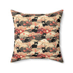 Indoor Square Pillow - A whimsical and enchanting Japanese-style pattern featuring cute black and orange cats nestled among vibrant orange blossoms and soft, cloudy backgrounds.