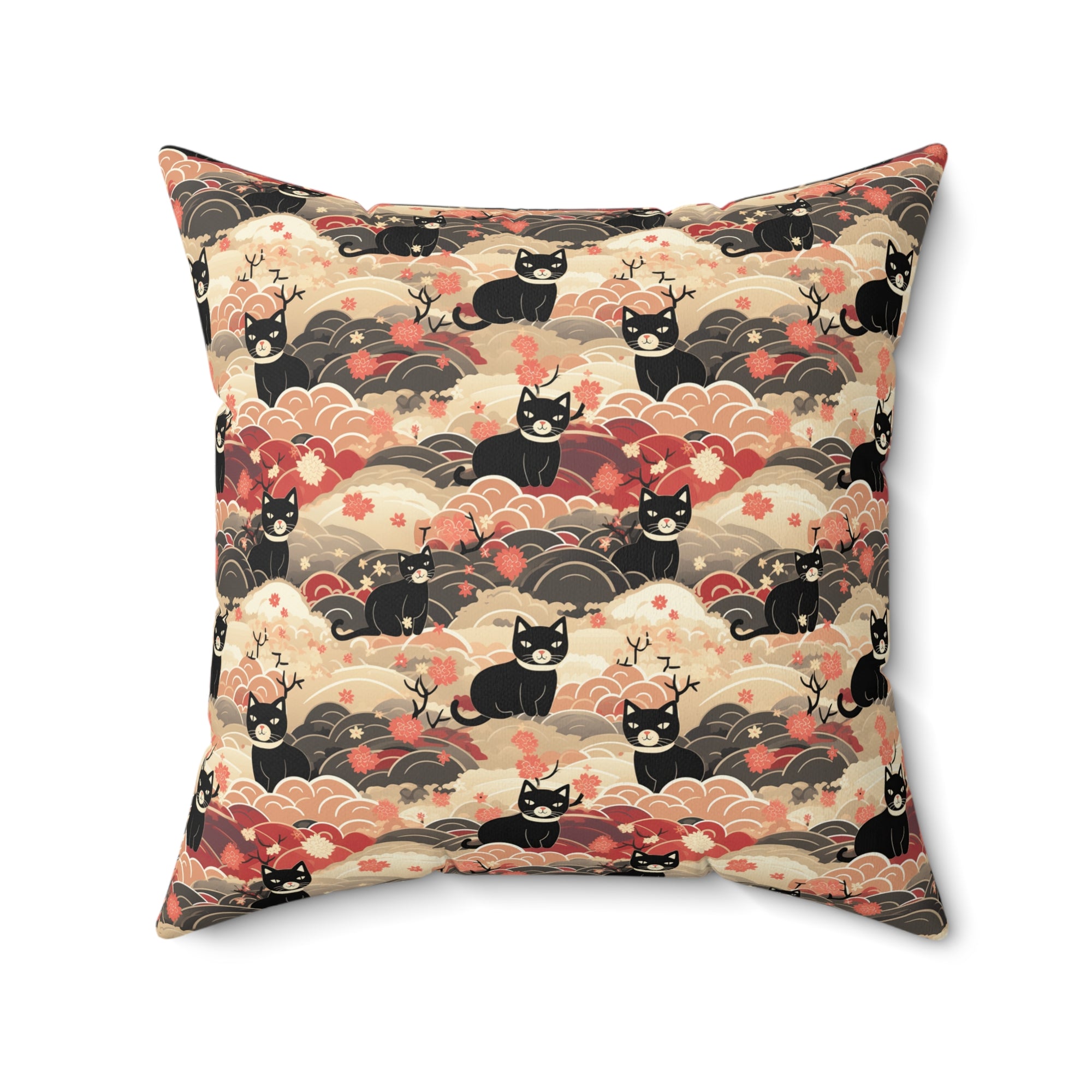 Indoor Square Pillow - A whimsical and enchanting Japanese-style pattern featuring cute black and orange cats nestled among vibrant orange blossoms and soft, cloudy backgrounds.