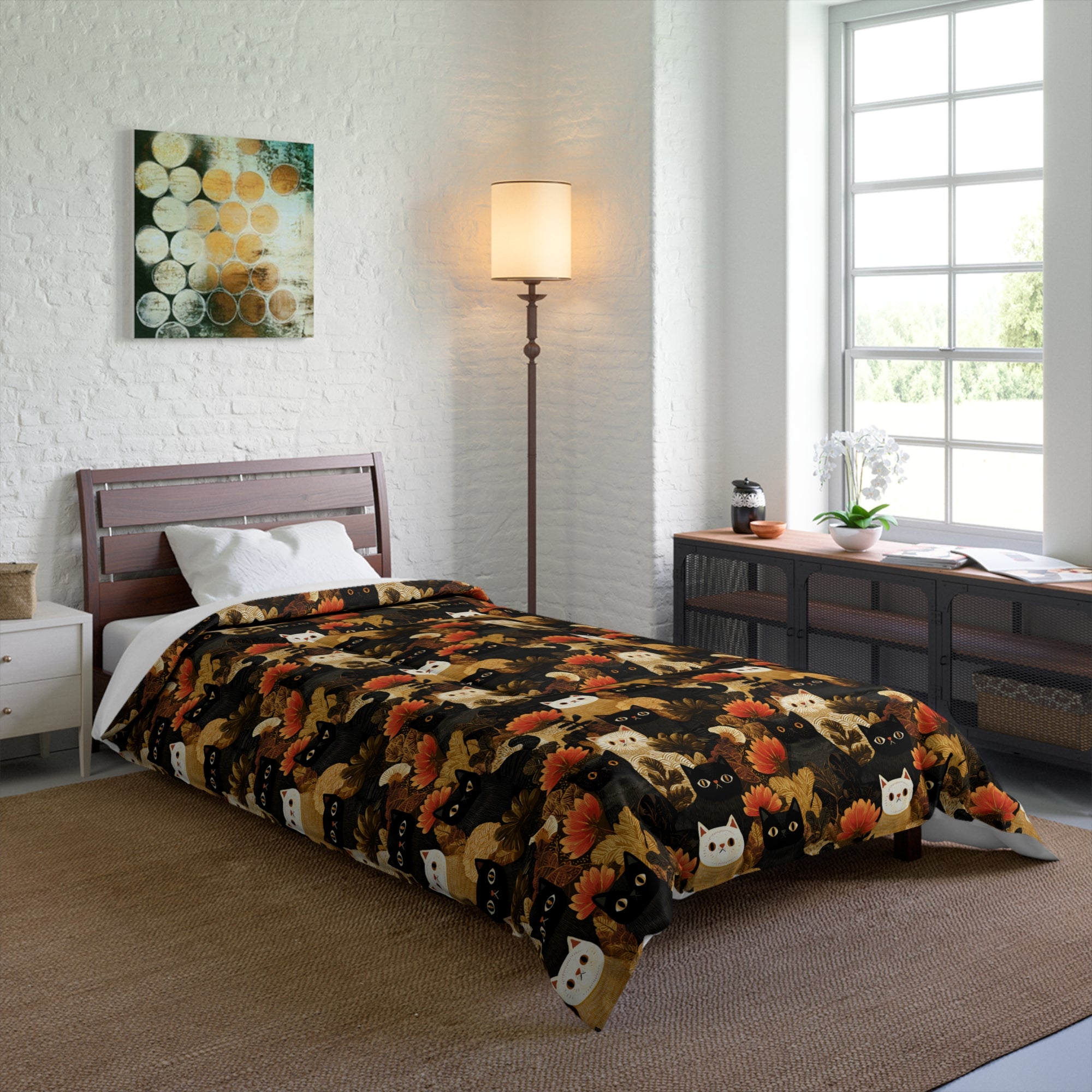 Comforter - A dark and fantastical illustrative painting of many different cats and plants, creating a dense, mysterious, and golden jungle or forest scene.