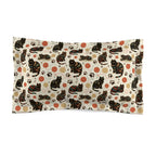Pillow Sham - Intricate tribal patterned black cats, colorful folk art style, playful felines with yarn balls and paw prints, artistic and bohemian cat design, cream background, unique animal print