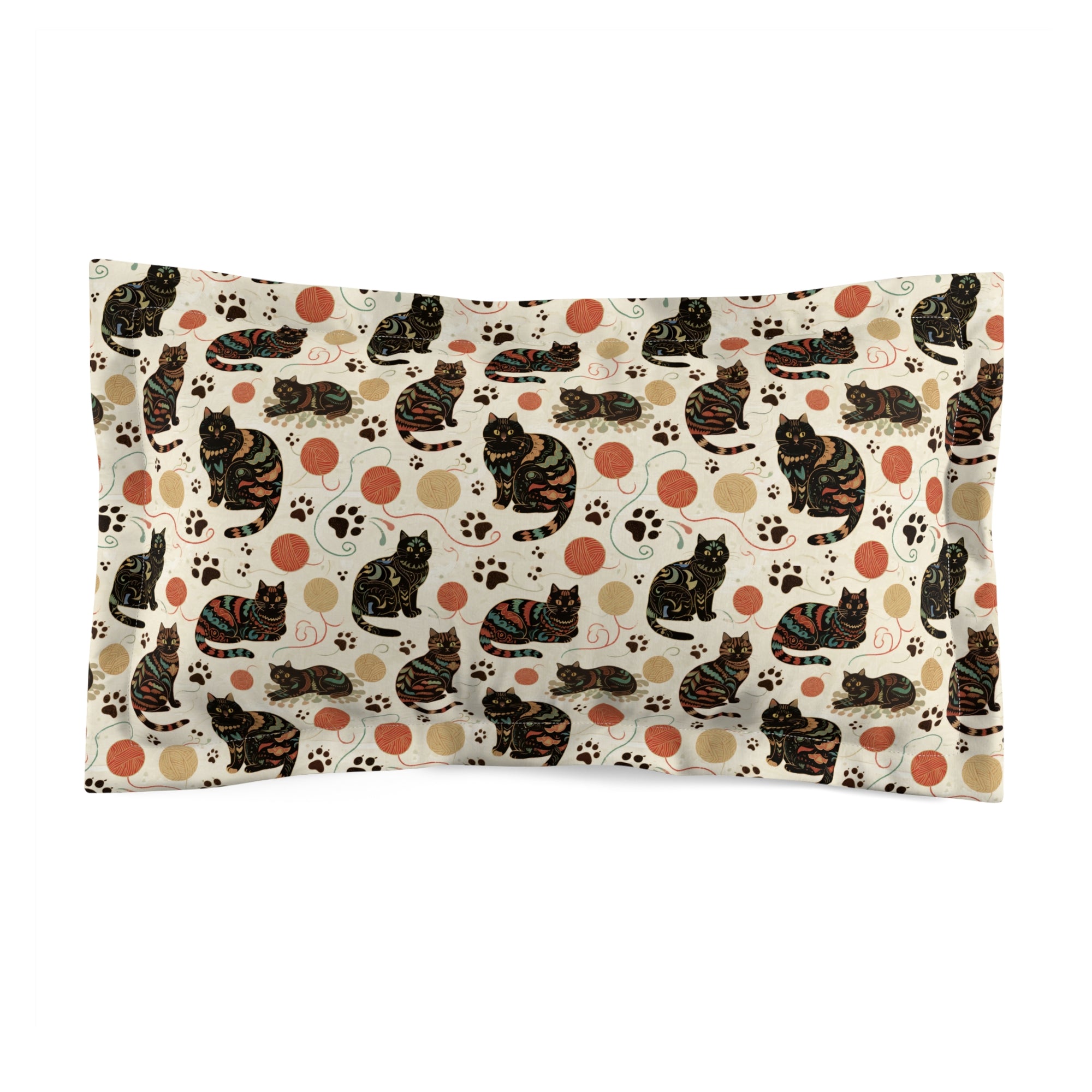 Pillow Sham - Intricate tribal patterned black cats, colorful folk art style, playful felines with yarn balls and paw prints, artistic and bohemian cat design, cream background, unique animal print