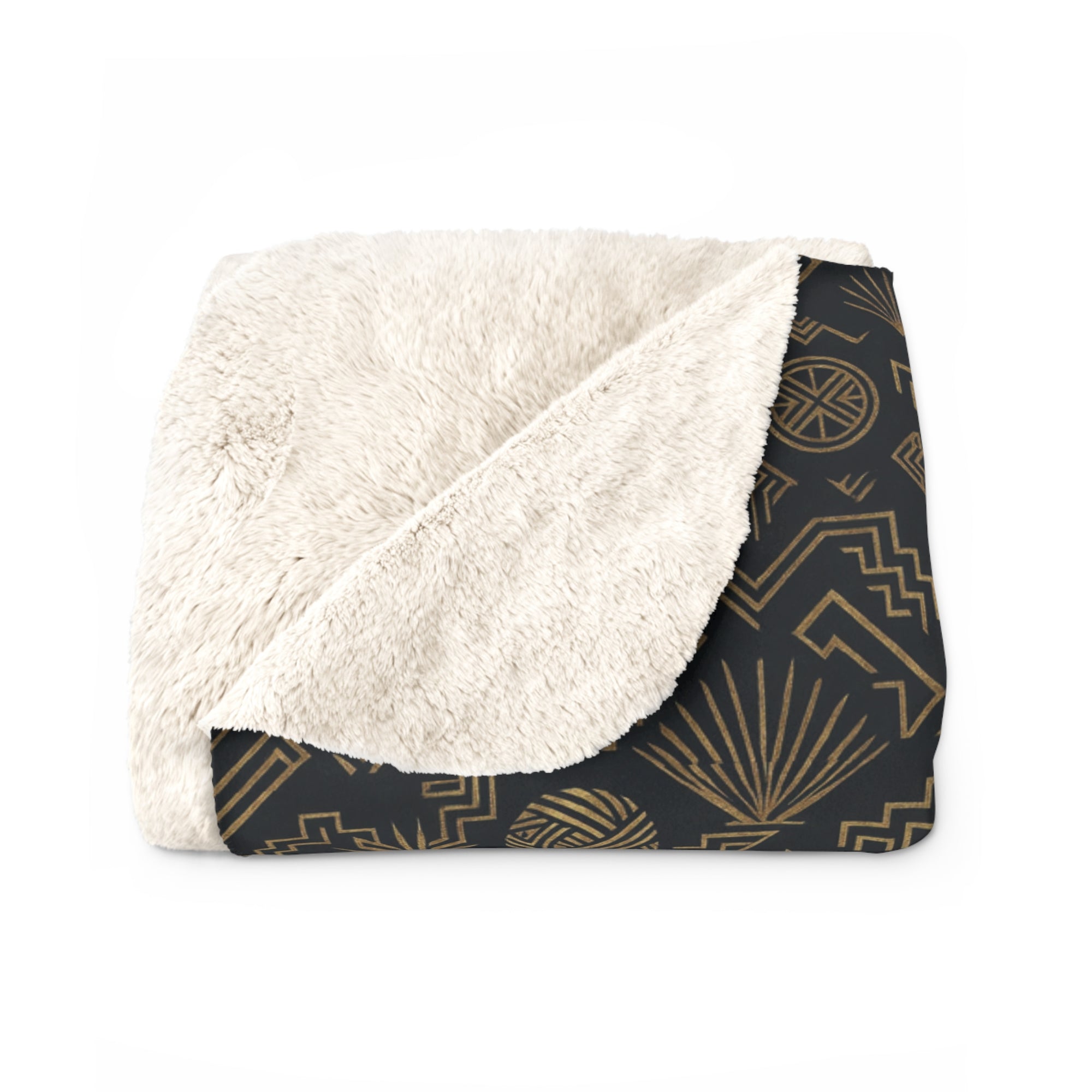 Sherpa Blanket - Art Deco Inspired Golden Cat Silhouettes and Geometric Patterns Create a Sophisticated and Stylized Modern Design