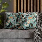 Square Pillowcase - A Delightful Assortment of Charming Cats in Diverse Poses and Breeds Scattered Across a Soft Blue Floral Background