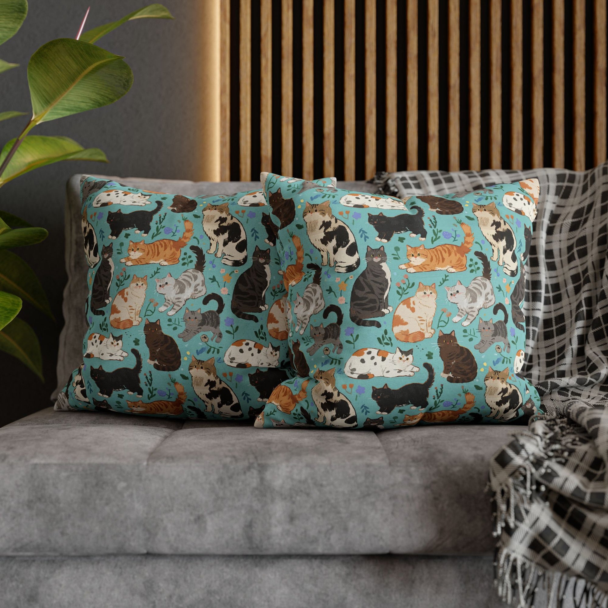 Square Pillowcase - A Delightful Assortment of Charming Cats in Diverse Poses and Breeds Scattered Across a Soft Blue Floral Background