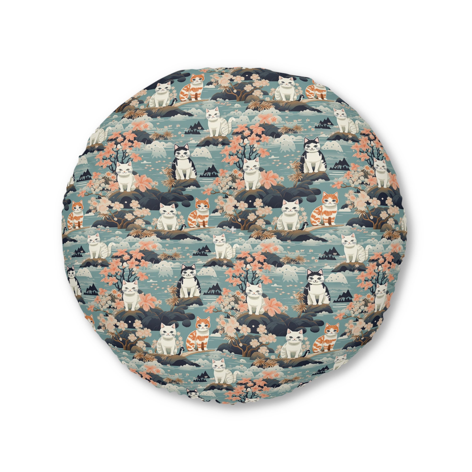 Indoor Round Floor Pillow - A serene watercolor painting of fluffy cats lounging on rocks, surrounded by cherry blossoms and blue water, in a tranquil, nature-filled, Japanese-inspired landscape.
