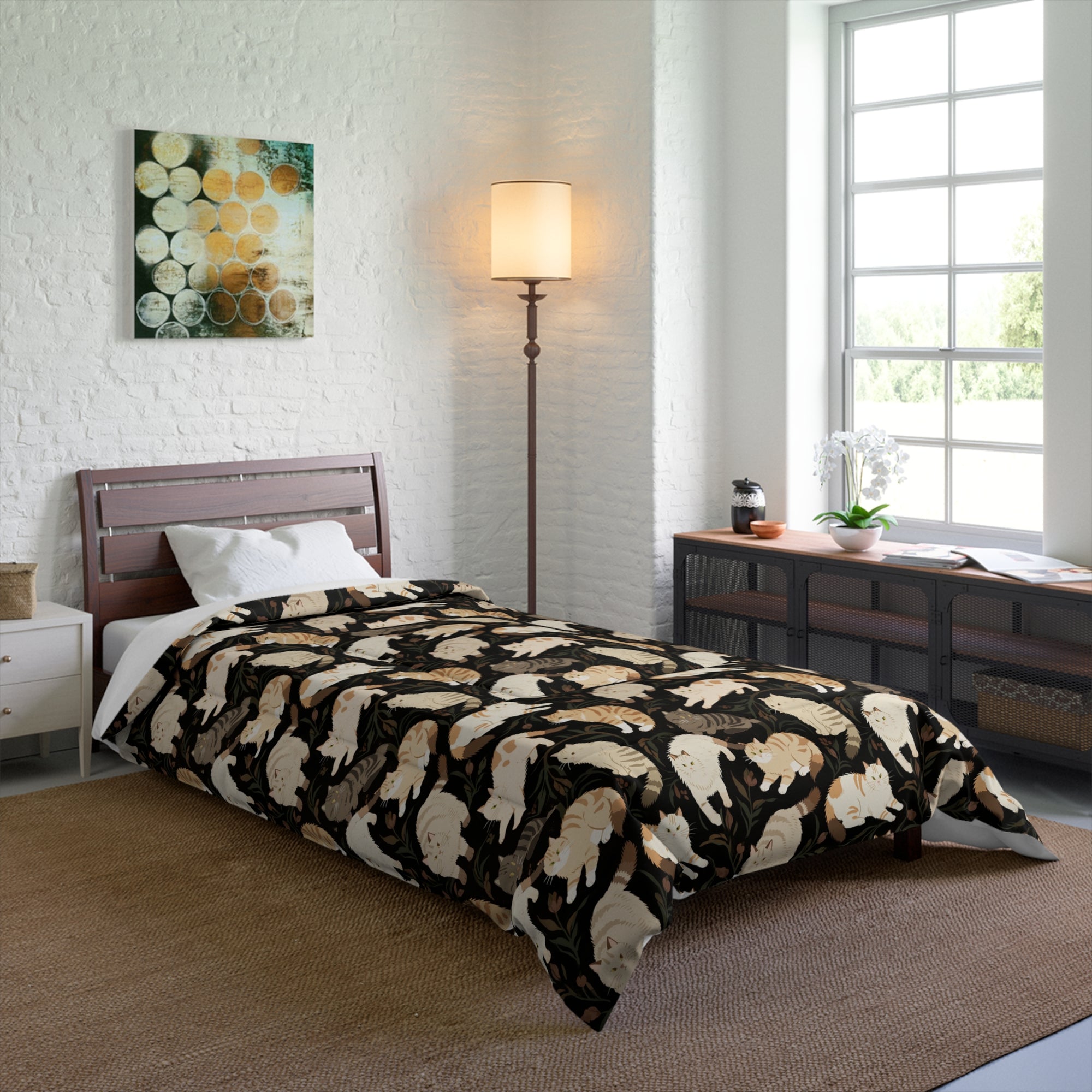 Comforter - Earthy Toned Cats Lounge and Play Amidst Dark Foliage in a Serene and Naturally Inspired Seamless Pattern Design