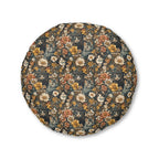 Indoor Round Floor Pillow - Grey Tabby Kittens Among Yellow and Peach Flowers, Moody Vintage Botanical Illustration