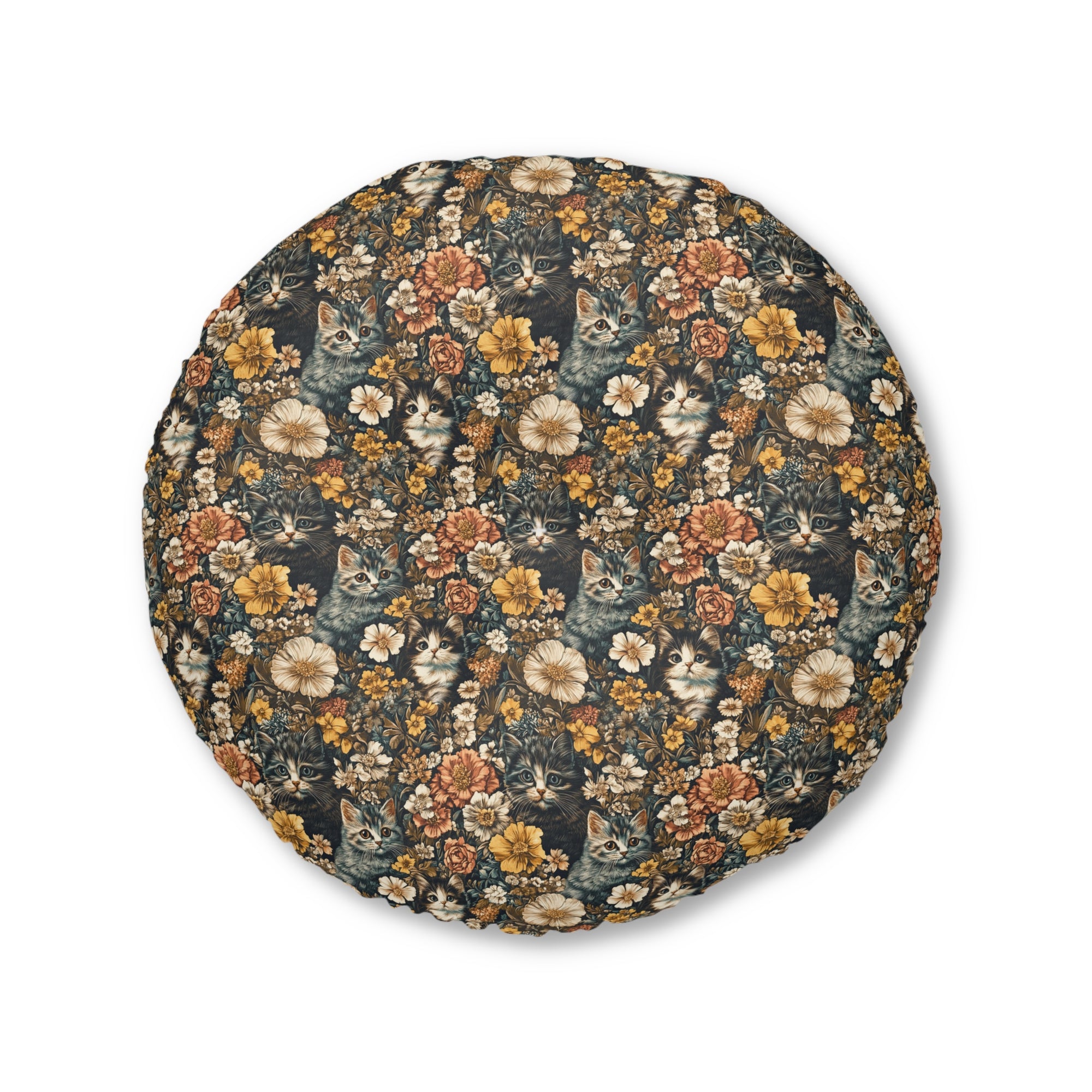 Indoor Round Floor Pillow - Grey Tabby Kittens Among Yellow and Peach Flowers, Moody Vintage Botanical Illustration