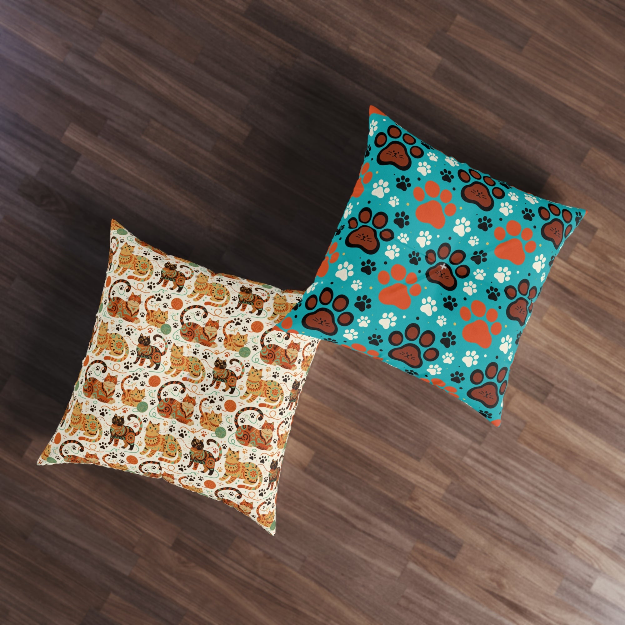 Indoor Square Floor Pillow - Colorful folk art patterned cats, vibrant orange and teal hues, playful felines with yarn and paw prints, bohemian animal illustration, cream background, artistic and cheerful design