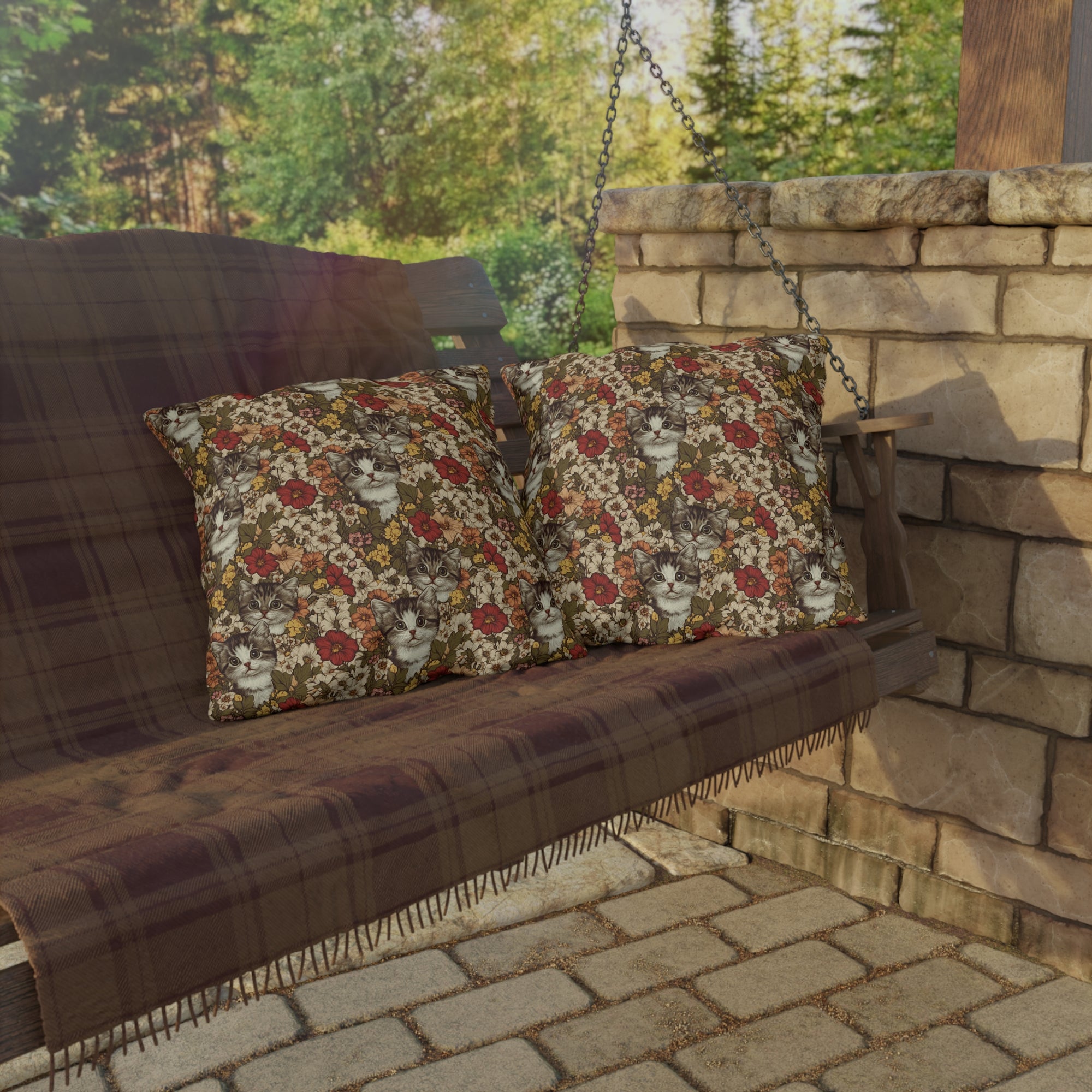 Outdoor Pillow - Grey Tabby Kittens in a Garden of Red, Peach, and Yellow Flowers, Soft Vintage Style