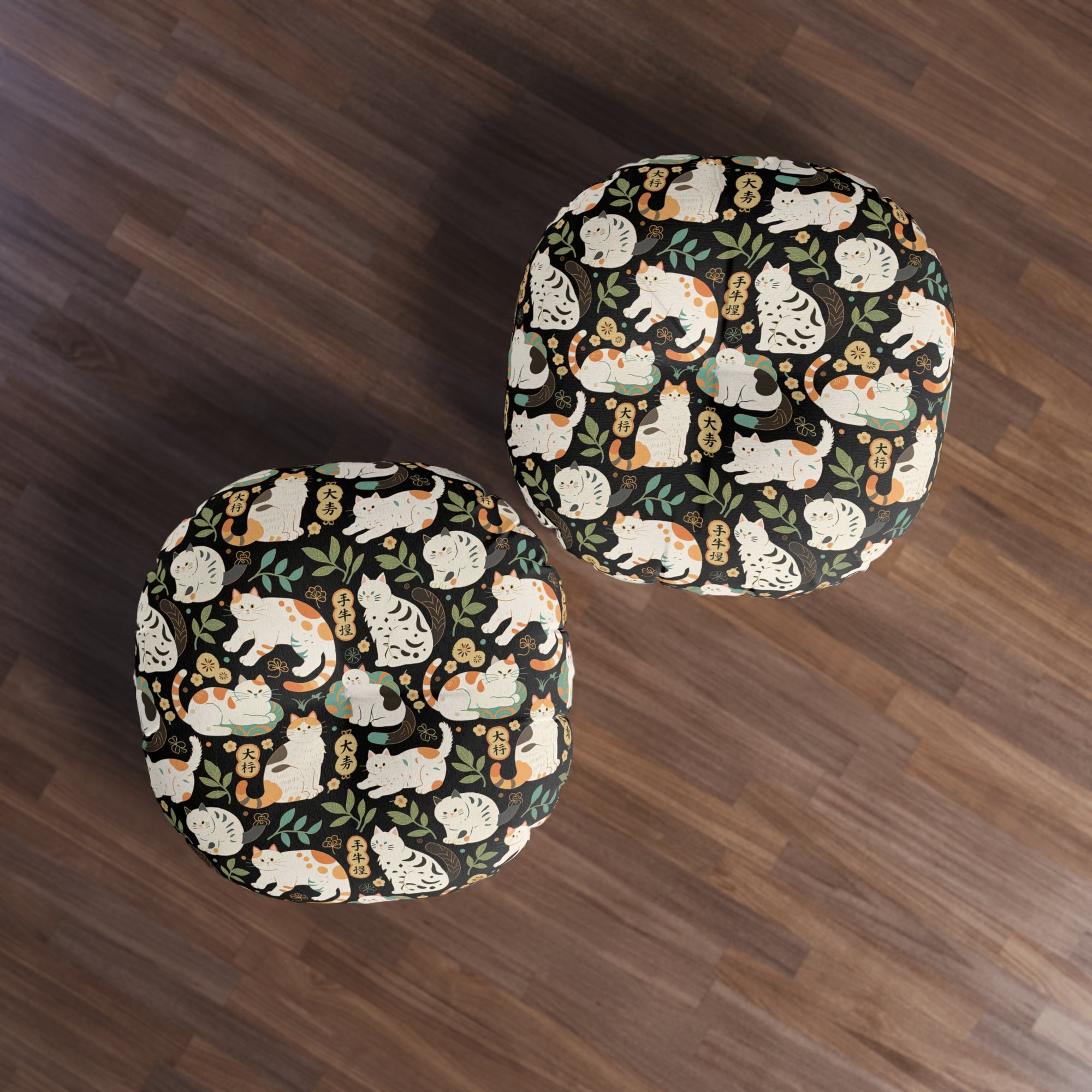 Indoor Round Floor Pillow - Traditional Japanese Maneki-Neko Cats and Auspicious Symbols Grace a Dark Background in this Fortunate Pattern