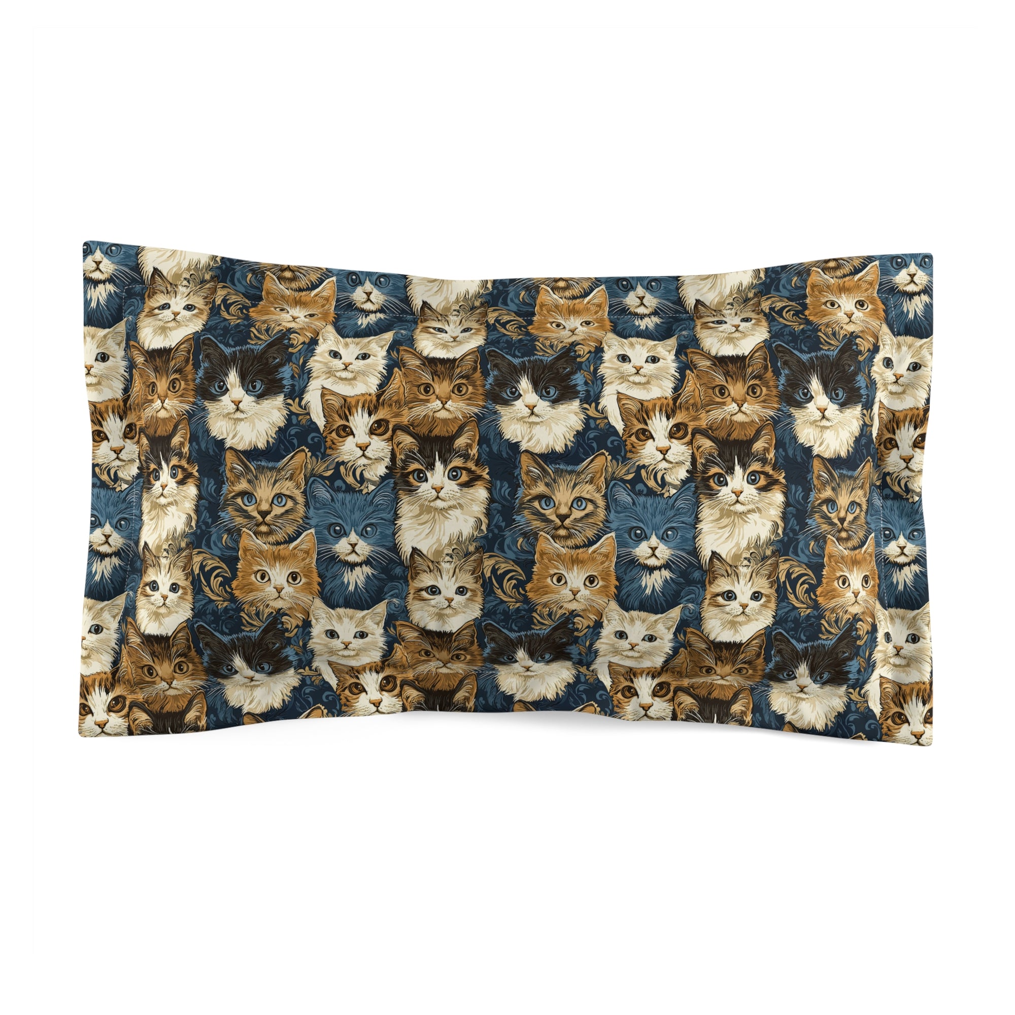 Pillow Sham - Blue Eyed Cats with Brown and White Fur on a Deep Blue Damask Background