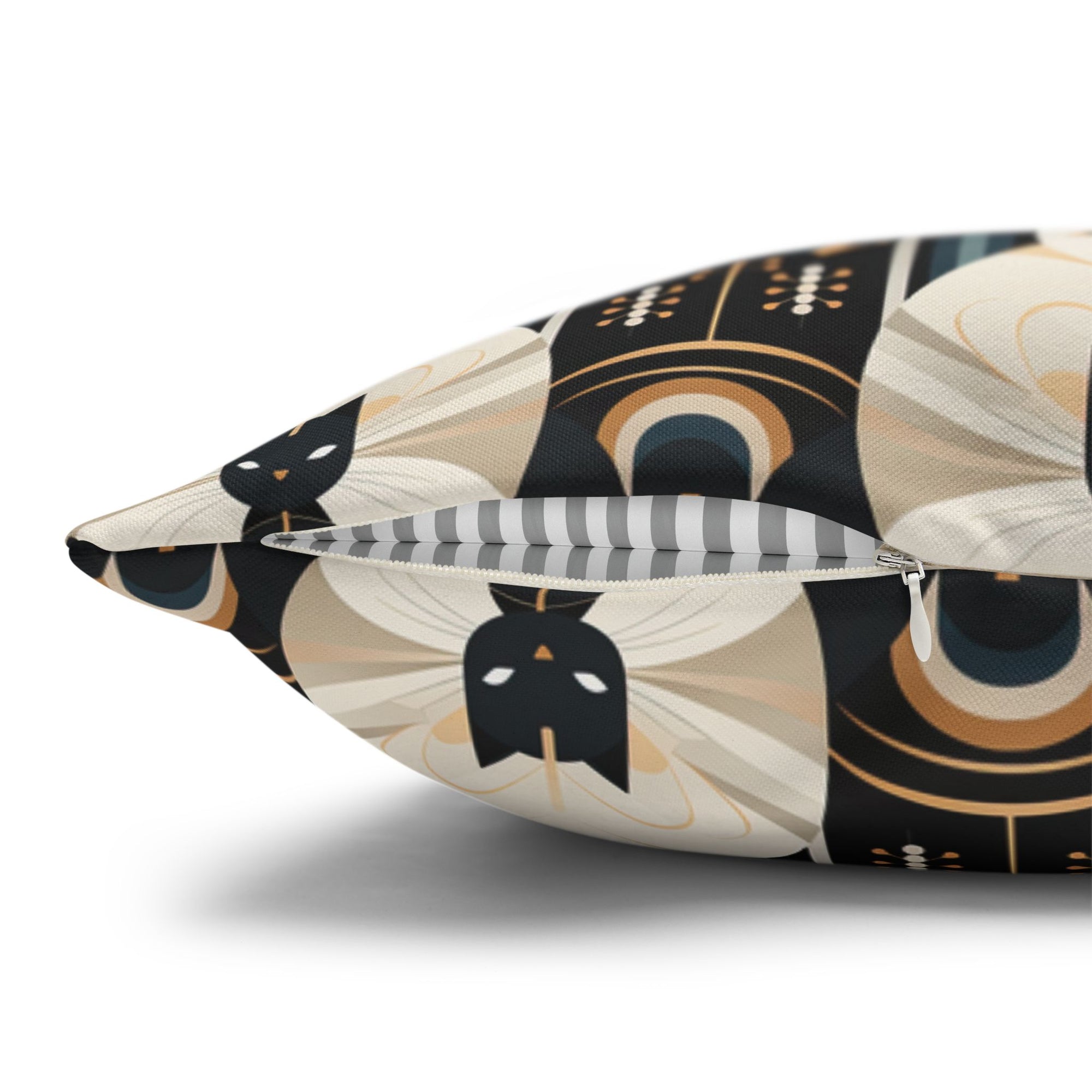 Square Pillowcase - An elegant and artistic Art Deco-style pattern featuring streamlined white cats with a striking geometric backdrop of golden and black lines and shapes.