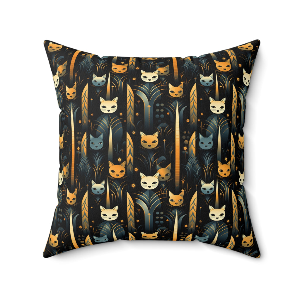 Indoor Square Pillow - A sleek and stylish Art Deco-inspired pattern depicting a serene nocturnal landscape with streamlined cat silhouettes and radiating golden light among abstract plants.
