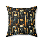 Indoor Square Pillow - A sleek and stylish Art Deco-inspired pattern depicting a serene nocturnal landscape with streamlined cat silhouettes and radiating golden light among abstract plants.