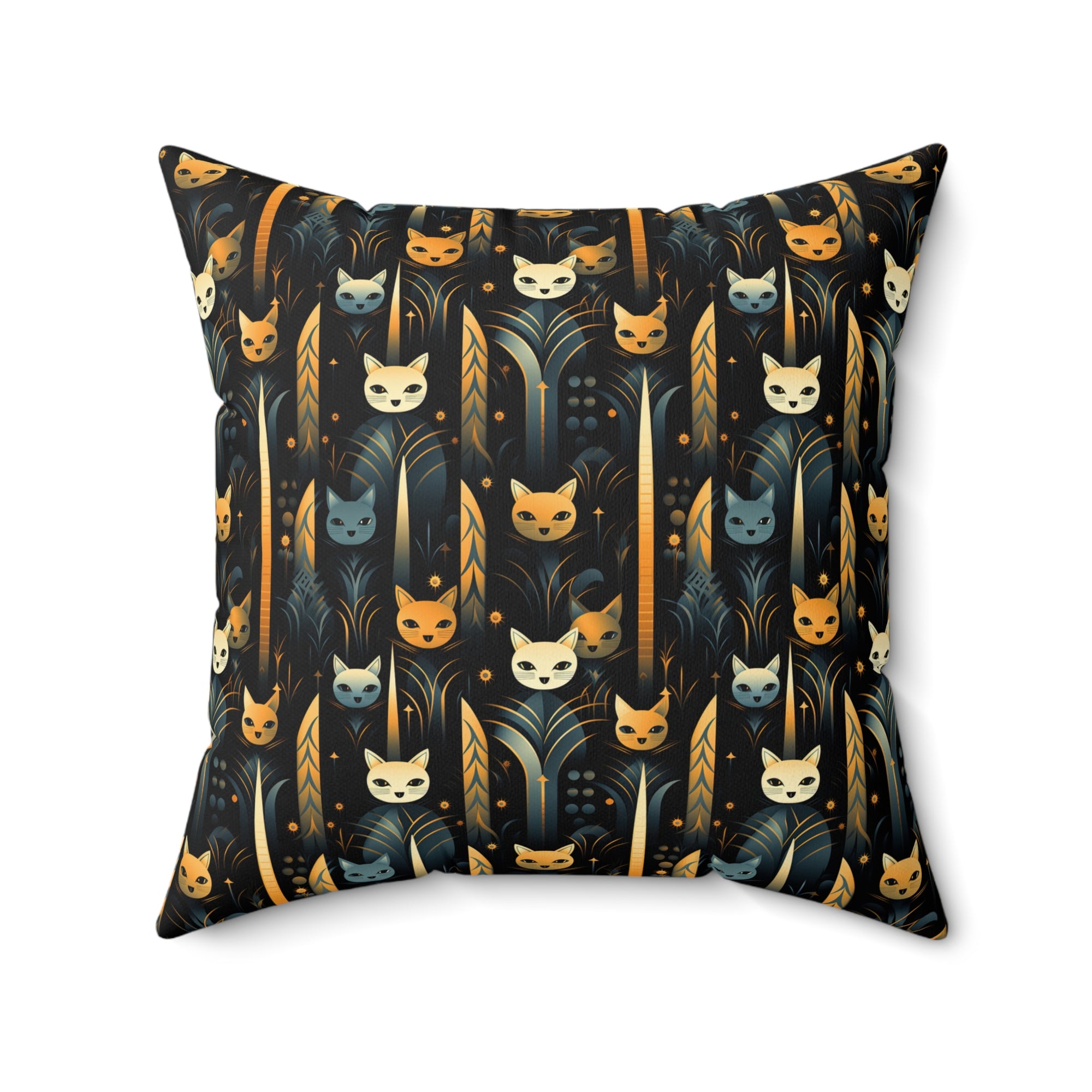 Indoor Square Pillow - A sleek and stylish Art Deco-inspired pattern depicting a serene nocturnal landscape with streamlined cat silhouettes and radiating golden light among abstract plants.