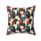 Indoor Square Pillow - A bold and graphic pop art style illustration featuring a tight-knit cluster of various fluffy felines in black, white, red, and blue.