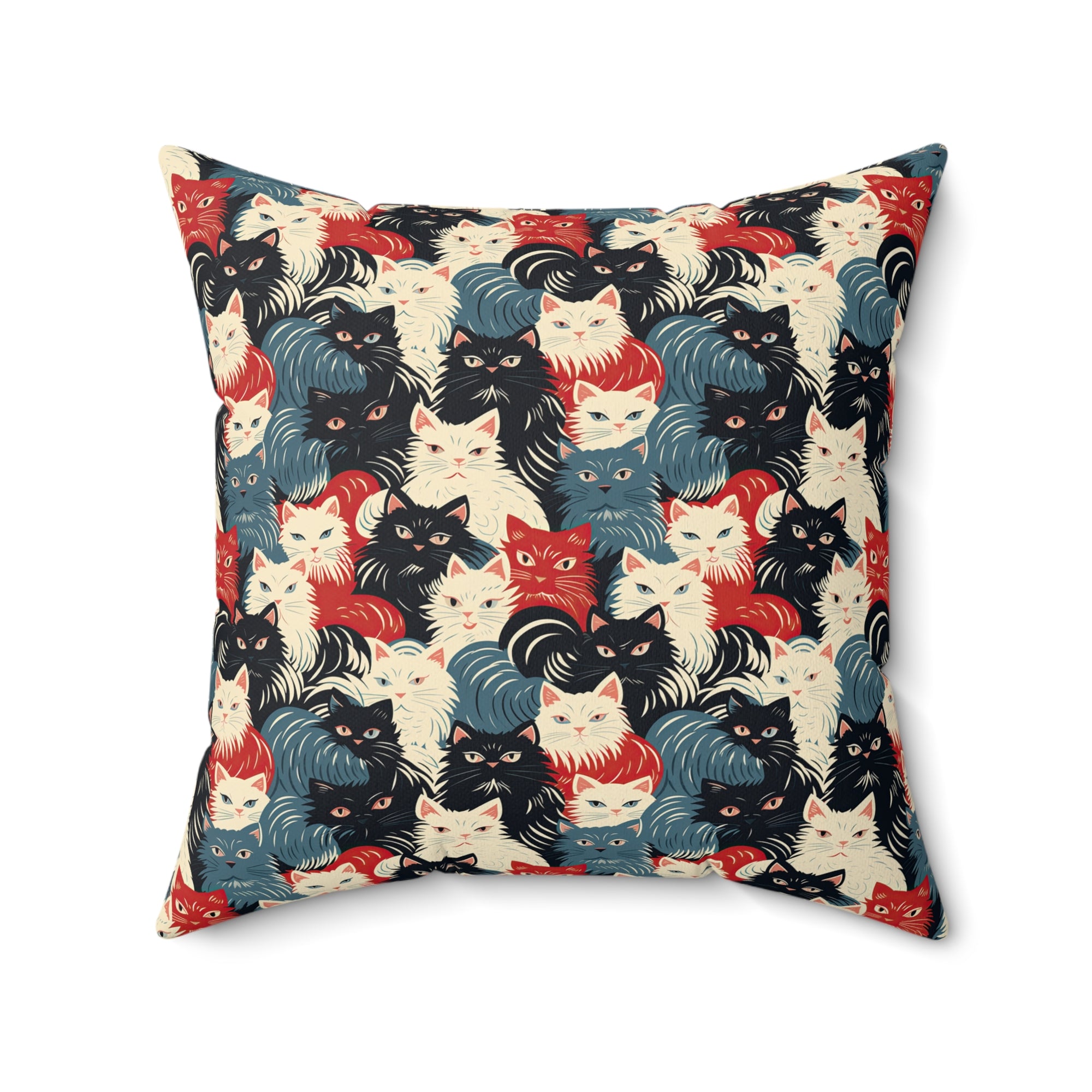 Indoor Square Pillow - A bold and graphic pop art style illustration featuring a tight-knit cluster of various fluffy felines in black, white, red, and blue.
