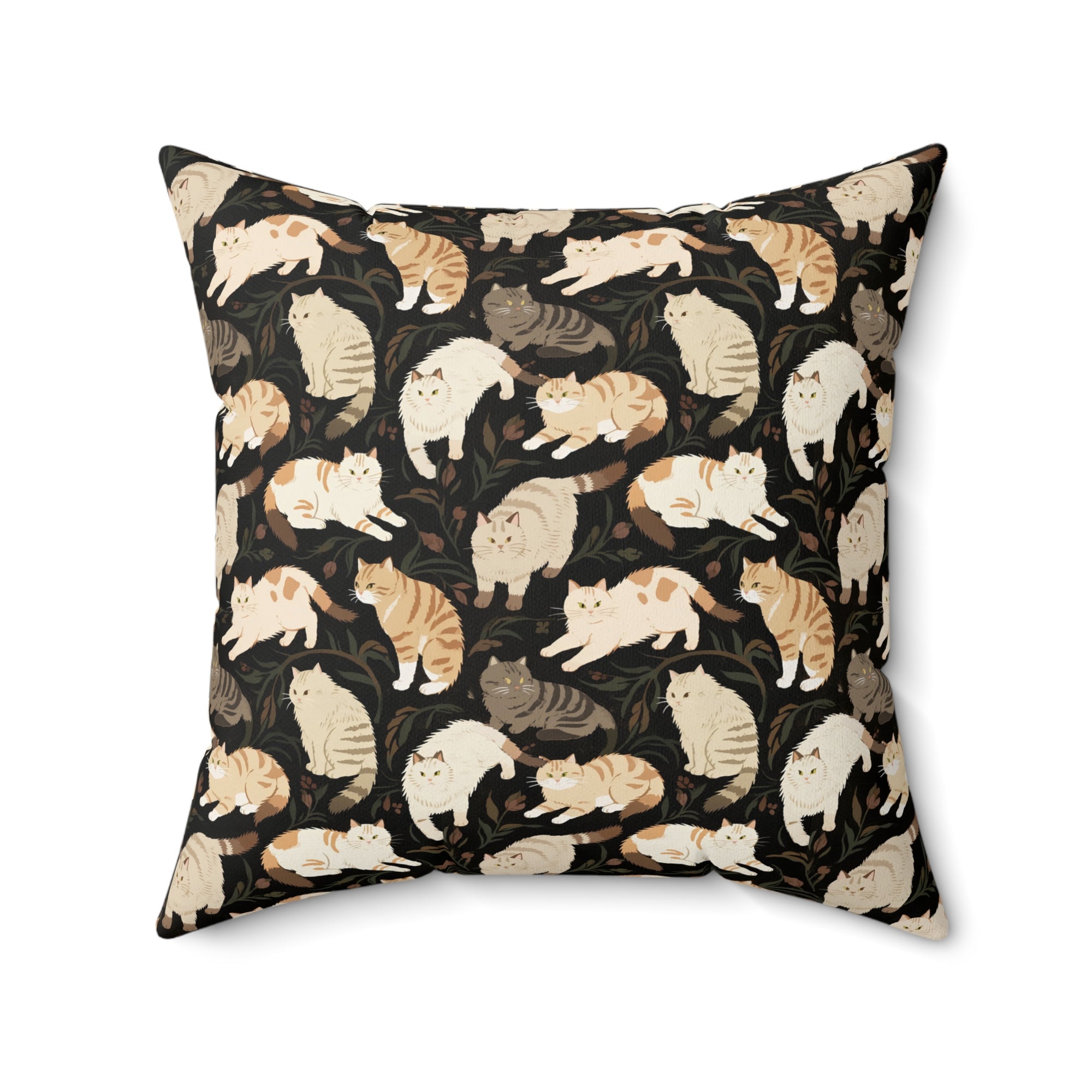 Indoor Square Pillow - Earthy Toned Cats Lounge and Play Amidst Dark Foliage in a Serene and Naturally Inspired Seamless Pattern Design