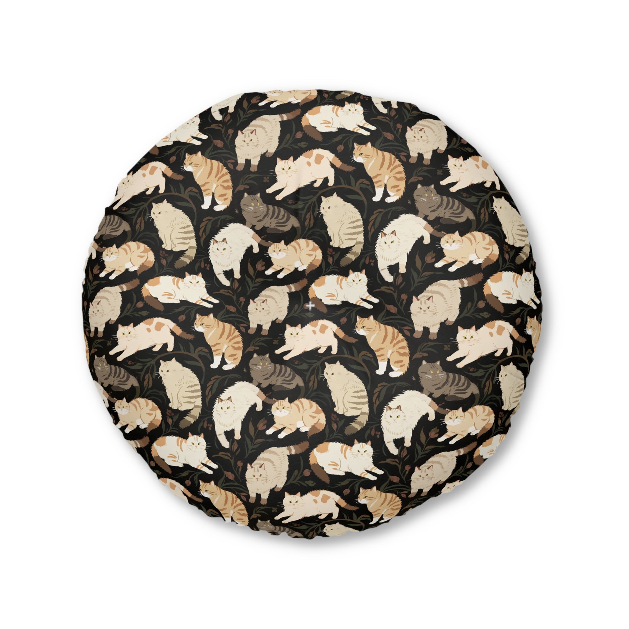 Indoor Round Floor Pillow - Earthy Toned Cats Lounge and Play Amidst Dark Foliage in a Serene and Naturally Inspired Seamless Pattern Design