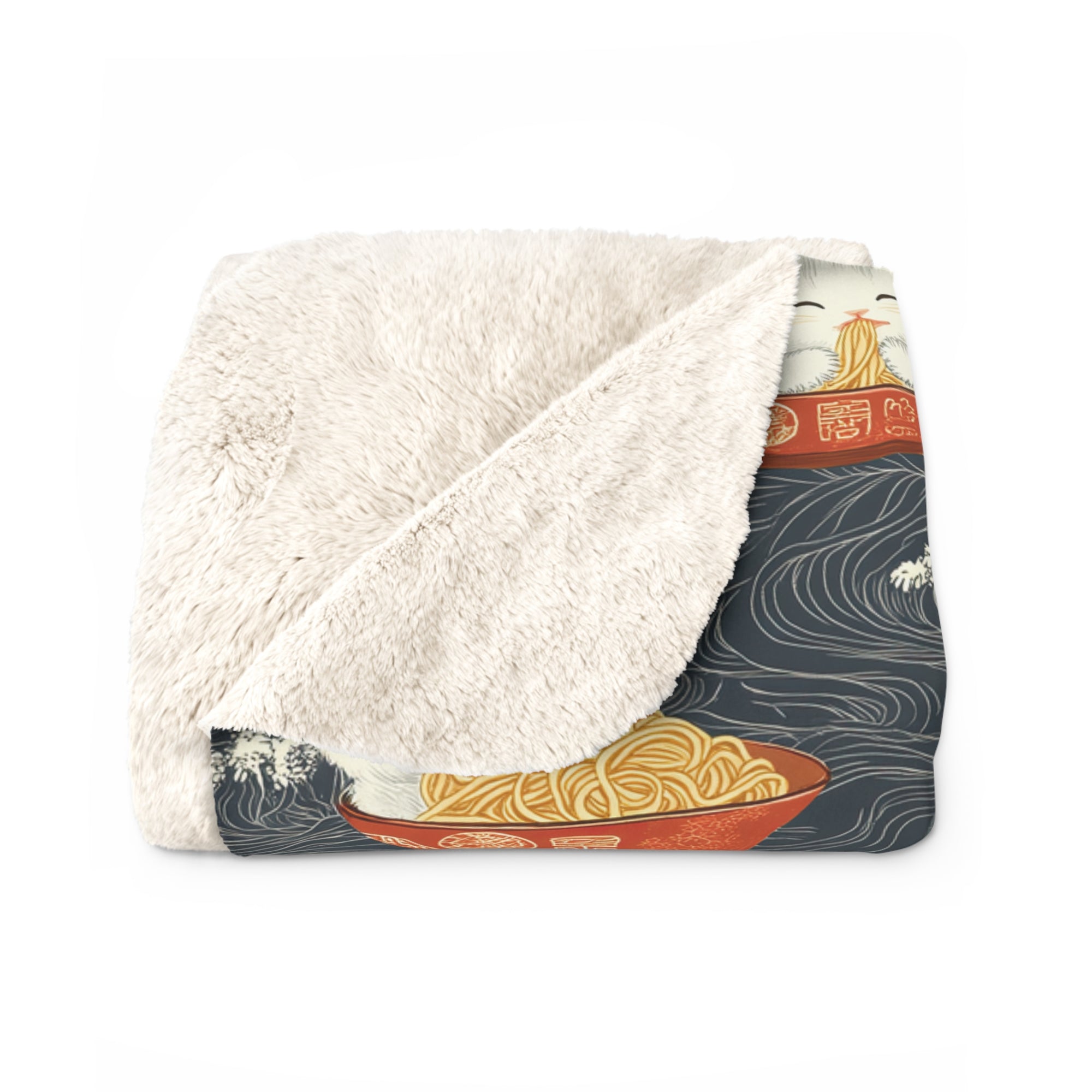Sherpa Blanket - An adorable and cute pattern of baby cats happily eating steaming ramen noodles from traditional red and white bowls with beautiful white floral elements surrounding them.