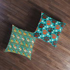 Indoor Square Floor Pillow - Horizontal Stripes of Golden Egyptian Cats and Intricate Hieroglyphs Form a Repeating and Historically Themed Border Pattern