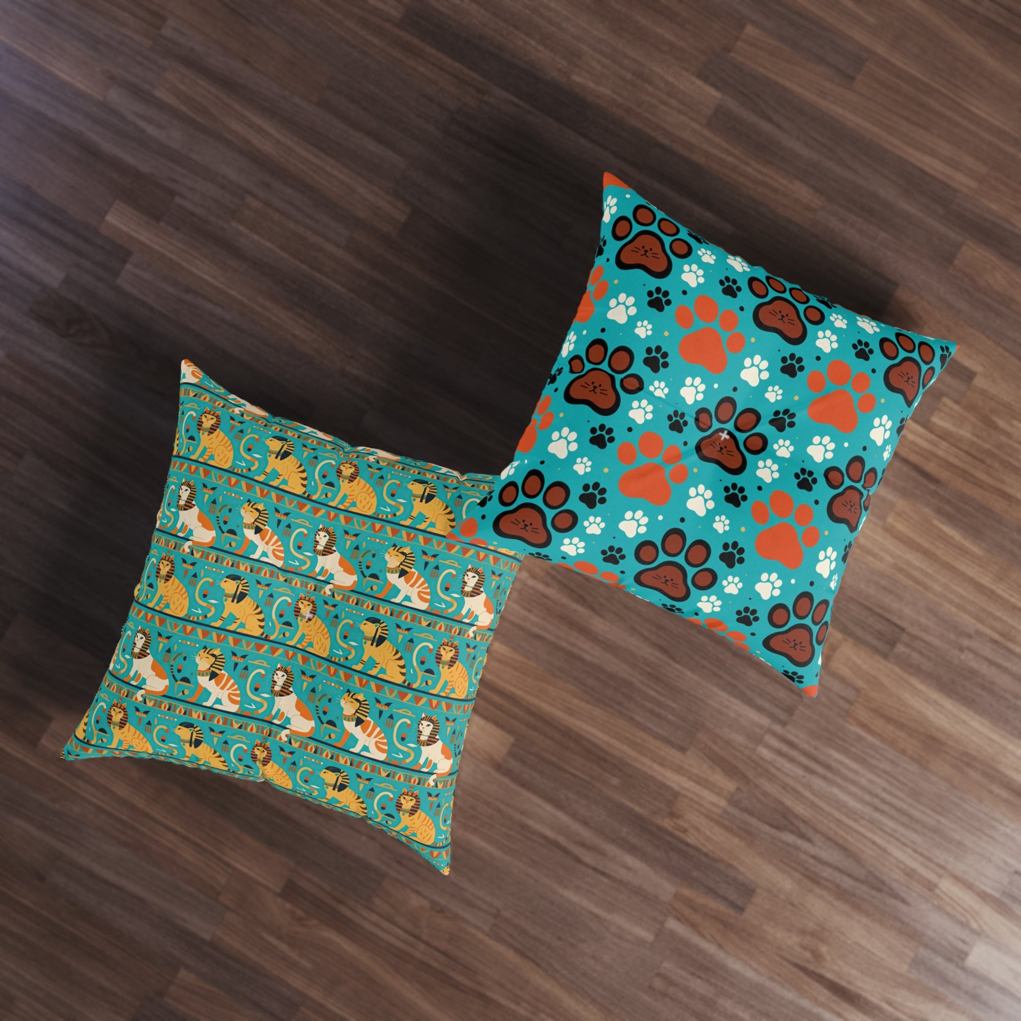 Indoor Square Floor Pillow - Horizontal Stripes of Golden Egyptian Cats and Intricate Hieroglyphs Form a Repeating and Historically Themed Border Pattern