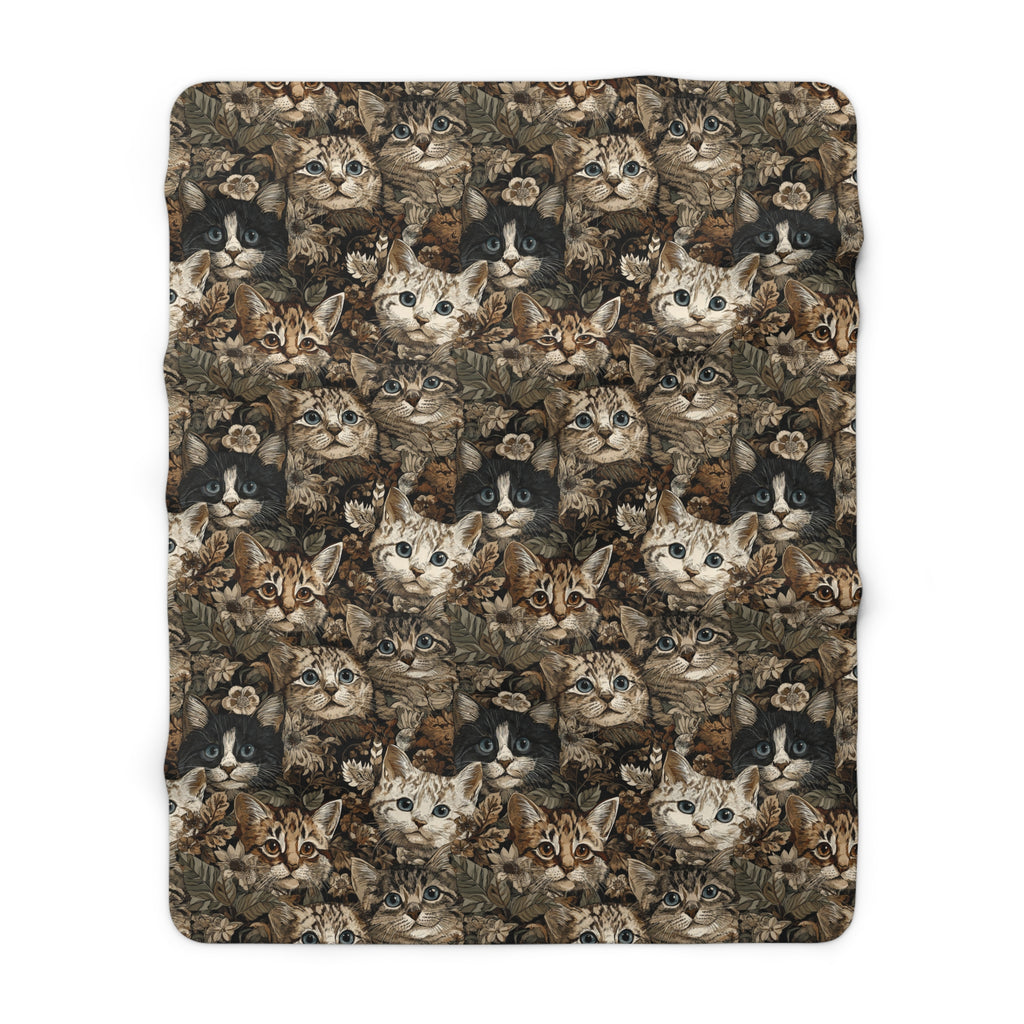 Sherpa Blanket - An intricate and detailed vintage illustration featuring a close-up of various fluffy cats with bright eyes amidst lush, ornate floral foliage in sepia tones.
