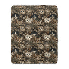 Sherpa Blanket - An intricate and detailed vintage illustration featuring a close-up of various fluffy cats with bright eyes amidst lush, ornate floral foliage in sepia tones.