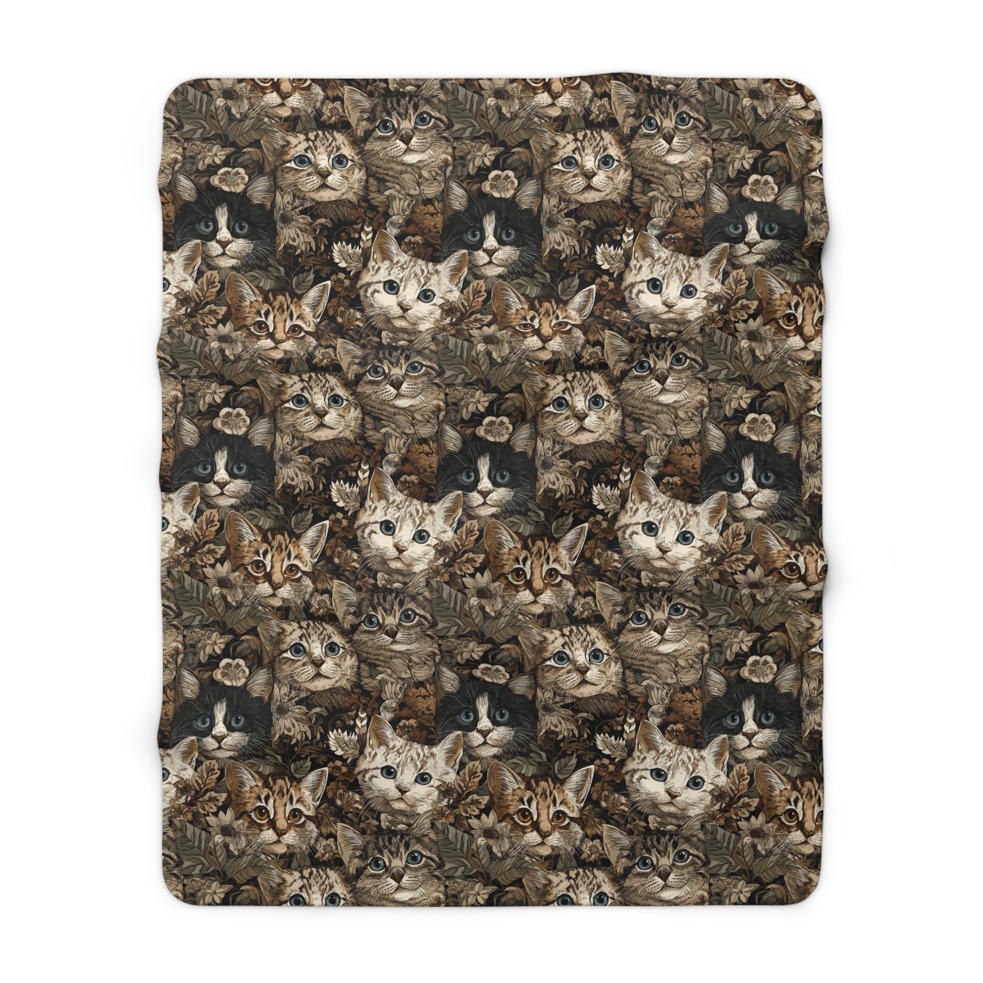 Sherpa Blanket - An intricate and detailed vintage illustration featuring a close-up of various fluffy cats with bright eyes amidst lush, ornate floral foliage in sepia tones.