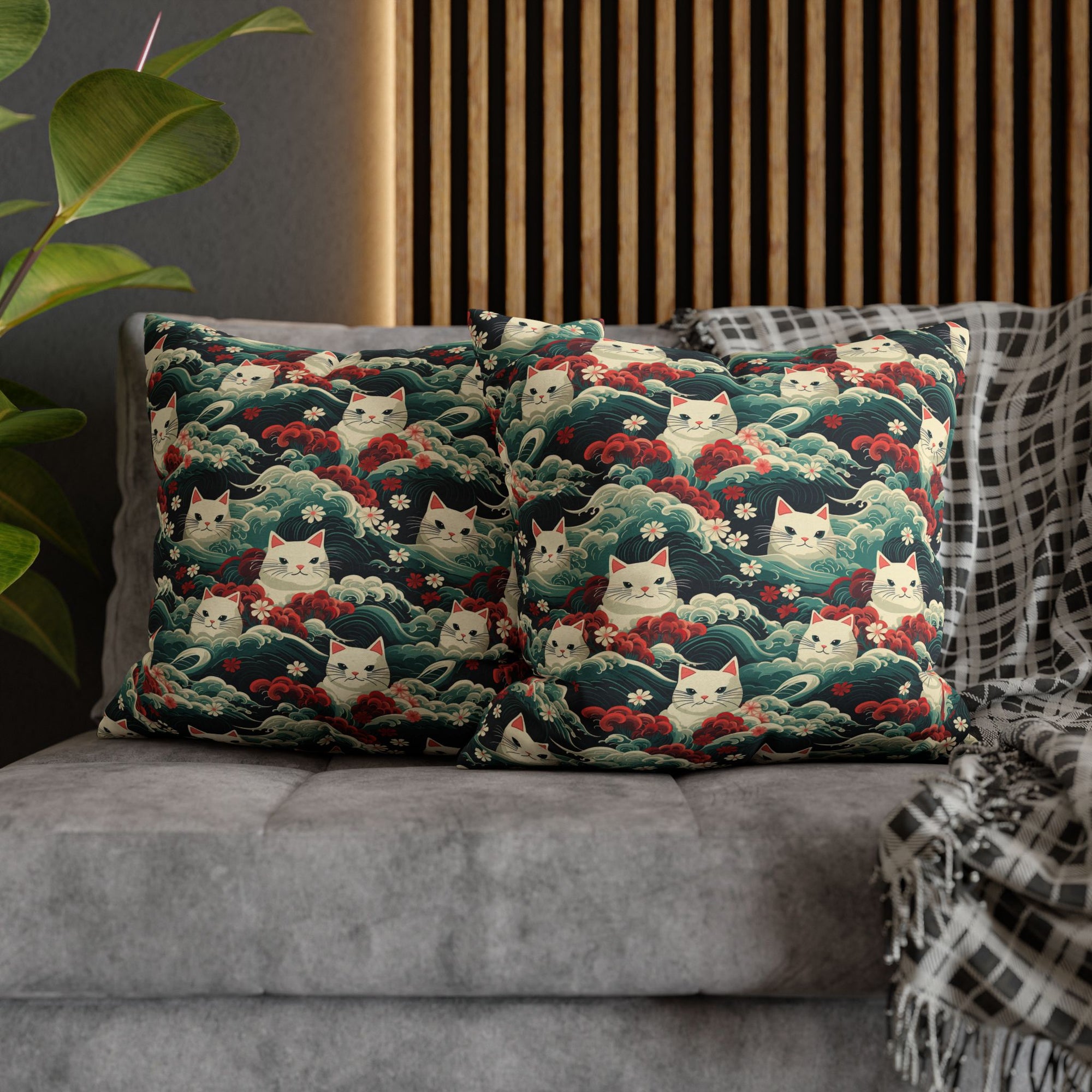 Square Pillowcase - A dramatic and powerful Japanese woodblock print-style illustration of cats amidst powerful waves, red flowers, and white cherry blossoms.
