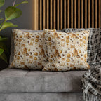 Square Pillowcase - Adorable ginger cat with bright green eyes, sparkling gold yarn and paw prints, classic tabby cat illustration, cream background, cute and charming pet themed art
