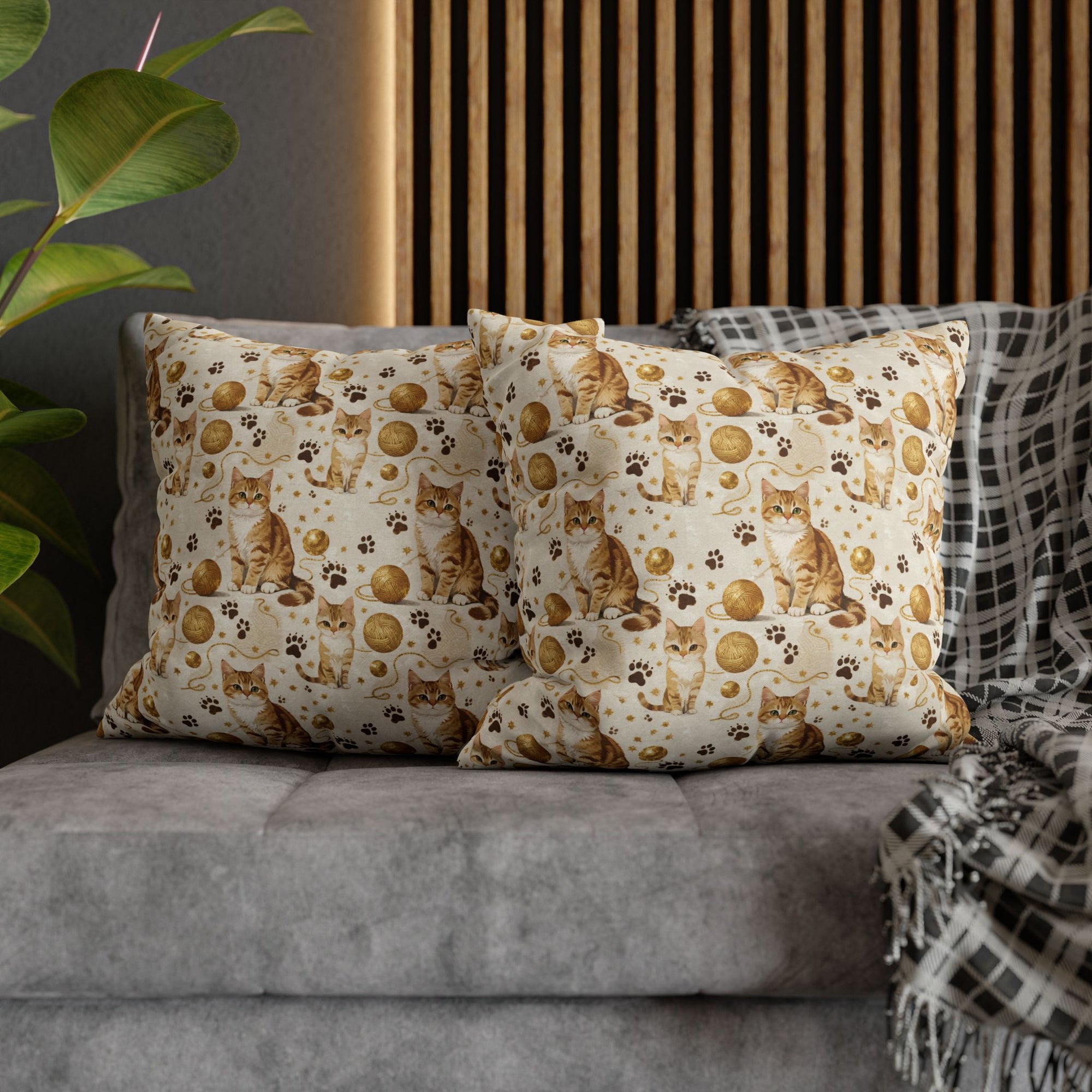 Square Pillowcase - Adorable ginger cat with bright green eyes, sparkling gold yarn and paw prints, classic tabby cat illustration, cream background, cute and charming pet themed art
