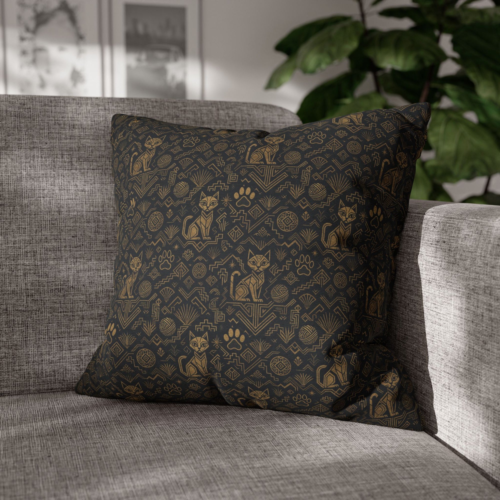 Square Pillowcase - Art Deco Inspired Golden Cat Silhouettes and Geometric Patterns Create a Sophisticated and Stylized Modern Design