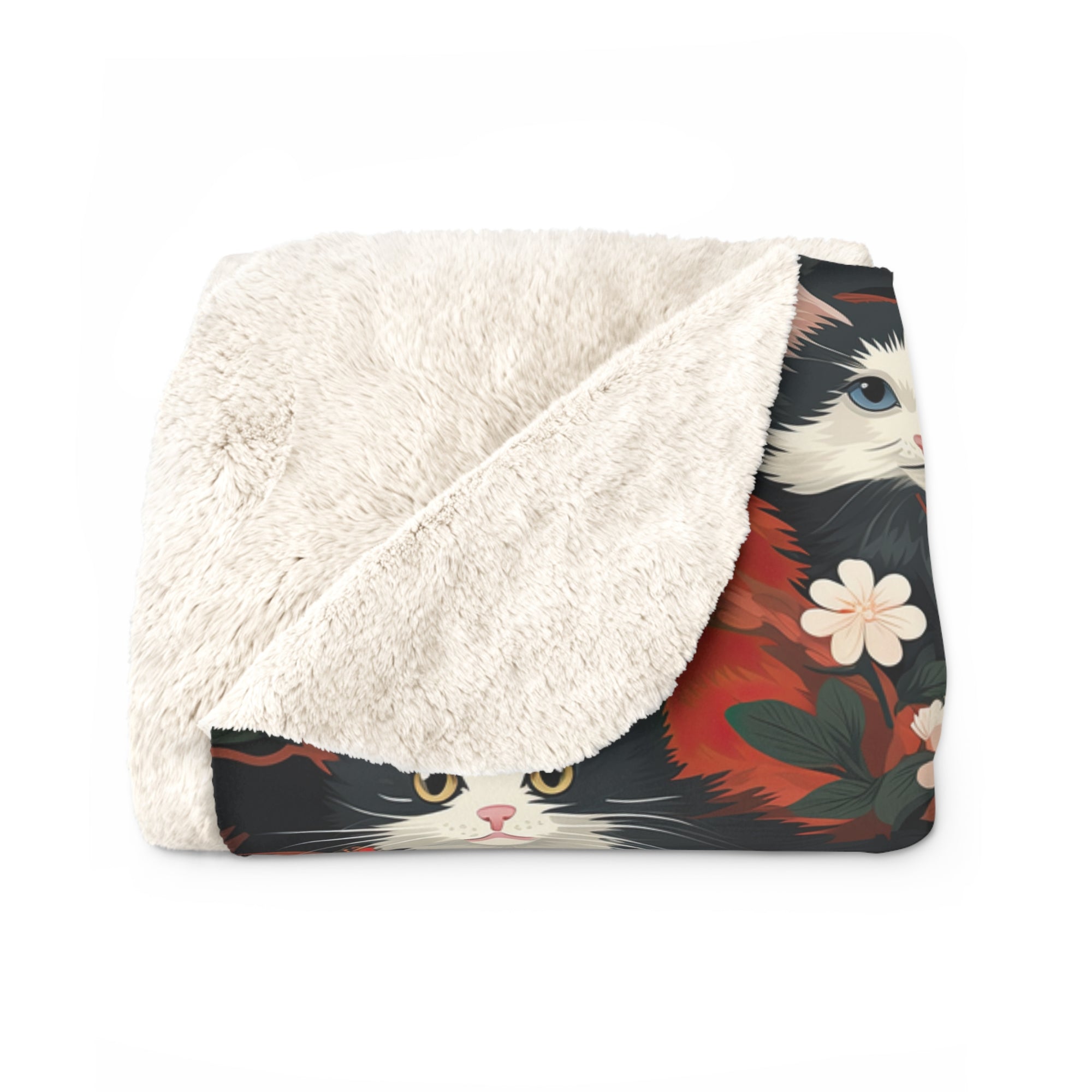 Sherpa Blanket - A detailed and ornate Victorian-style pattern featuring a tight grouping of fluffy cats of various colors surrounded by black and red flowers and leaves.