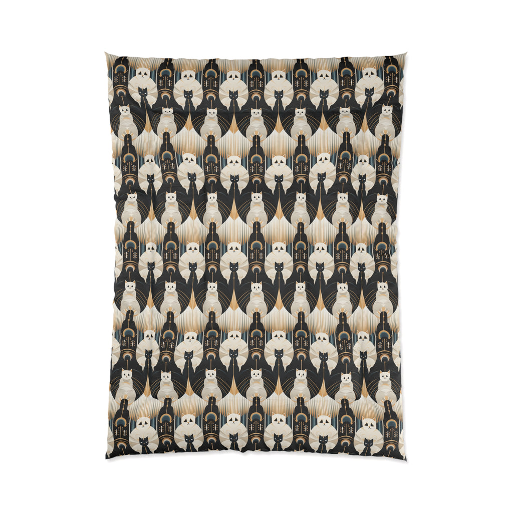 Comforter - An elegant and artistic Art Deco-style pattern featuring streamlined white cats with a striking geometric backdrop of golden and black lines and shapes.
