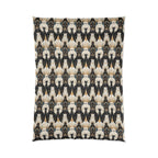 Comforter - An elegant and artistic Art Deco-style pattern featuring streamlined white cats with a striking geometric backdrop of golden and black lines and shapes.