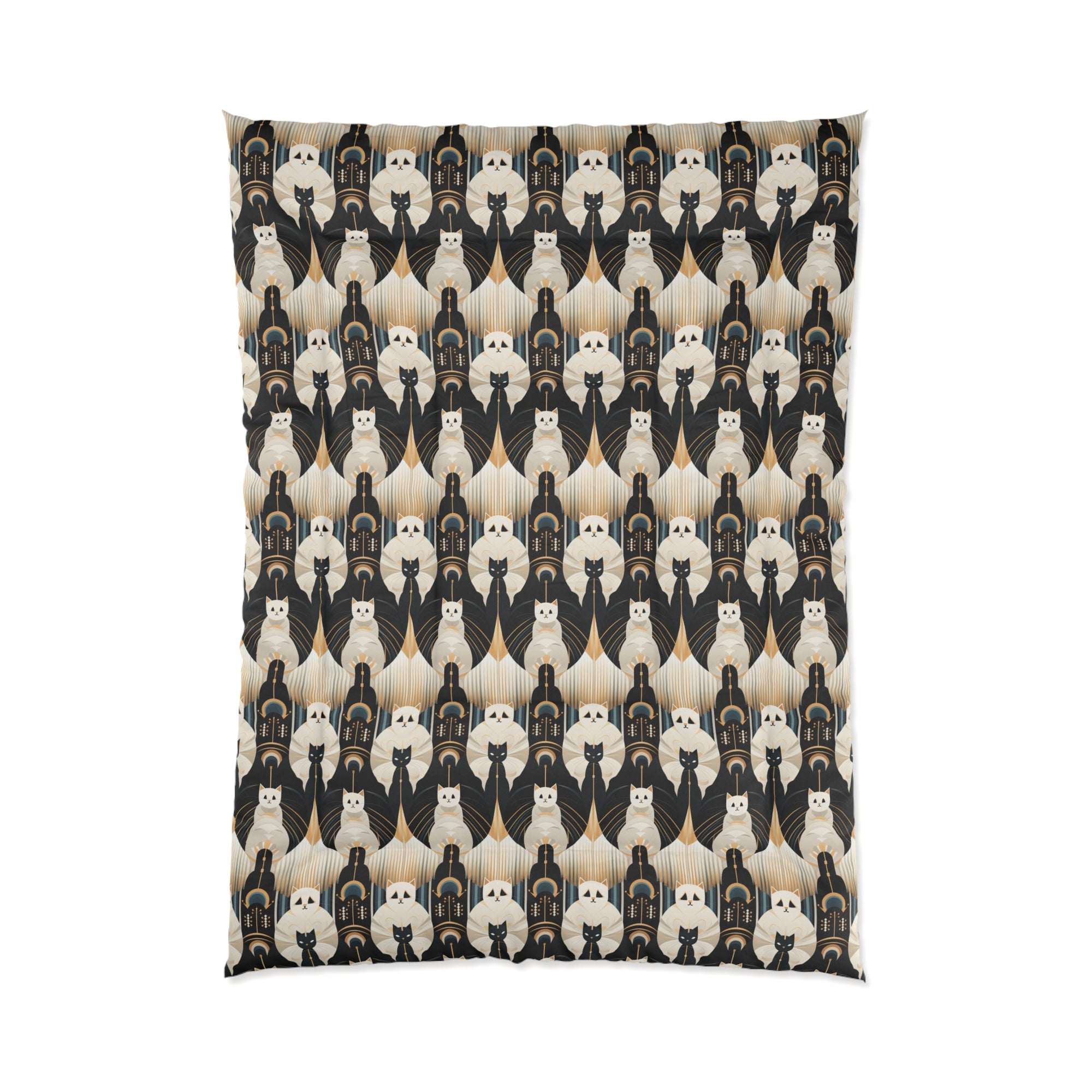Comforter - An elegant and artistic Art Deco-style pattern featuring streamlined white cats with a striking geometric backdrop of golden and black lines and shapes.