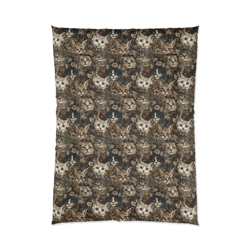 Comforter - An intricate and detailed vintage illustration featuring a close-up of various fluffy cats with bright eyes amidst lush, ornate floral foliage in sepia tones.