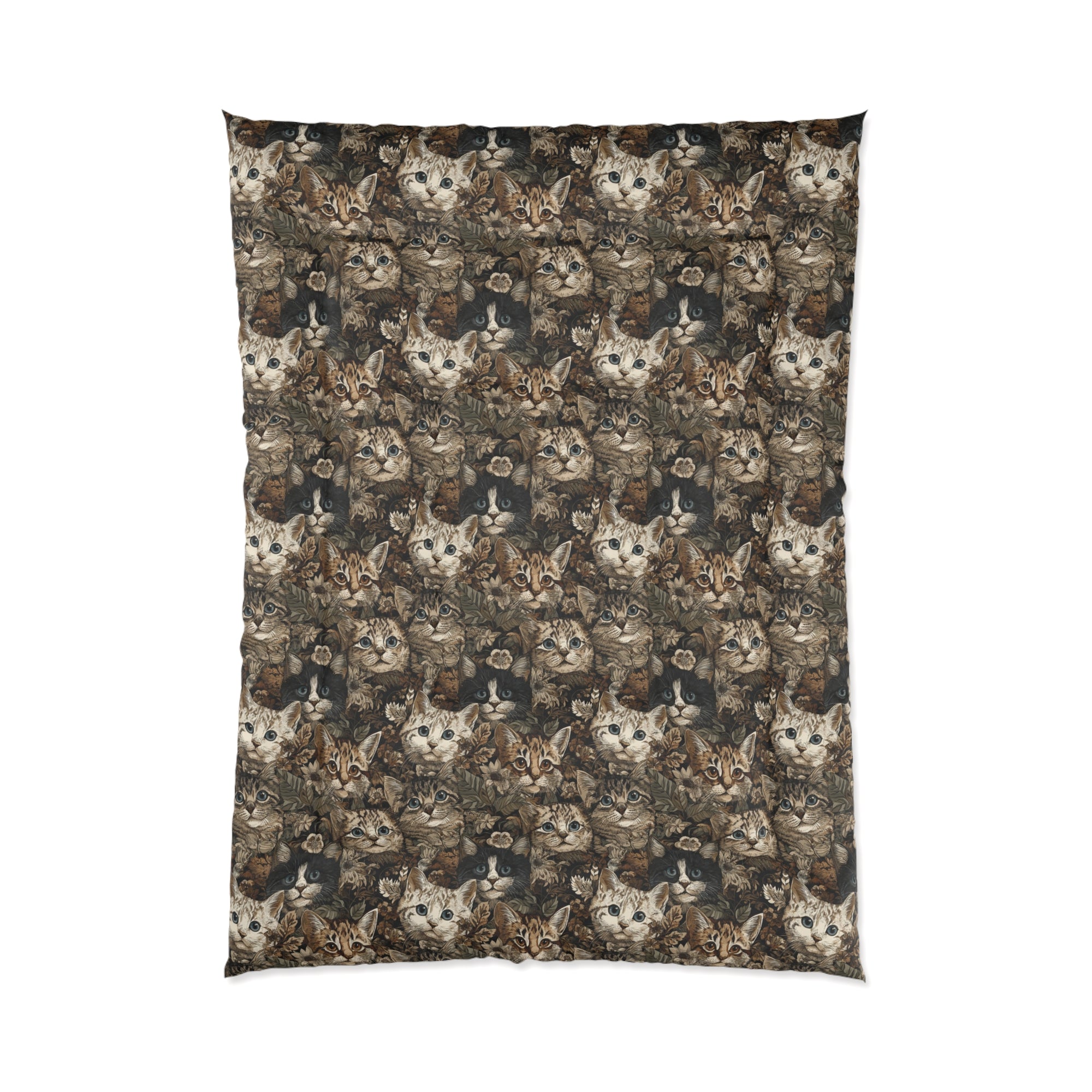 Comforter - An intricate and detailed vintage illustration featuring a close-up of various fluffy cats with bright eyes amidst lush, ornate floral foliage in sepia tones.