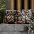 Square Pillowcase - A charming and detailed illustration of happy kittens in red ramen bowls eating their noodles with chopsticks among beautiful pink cherry blossoms on a dark background.