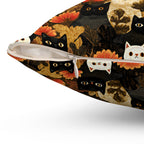 Indoor Square Pillow - A dark and fantastical illustrative painting of many different cats and plants, creating a dense, mysterious, and golden jungle or forest scene.