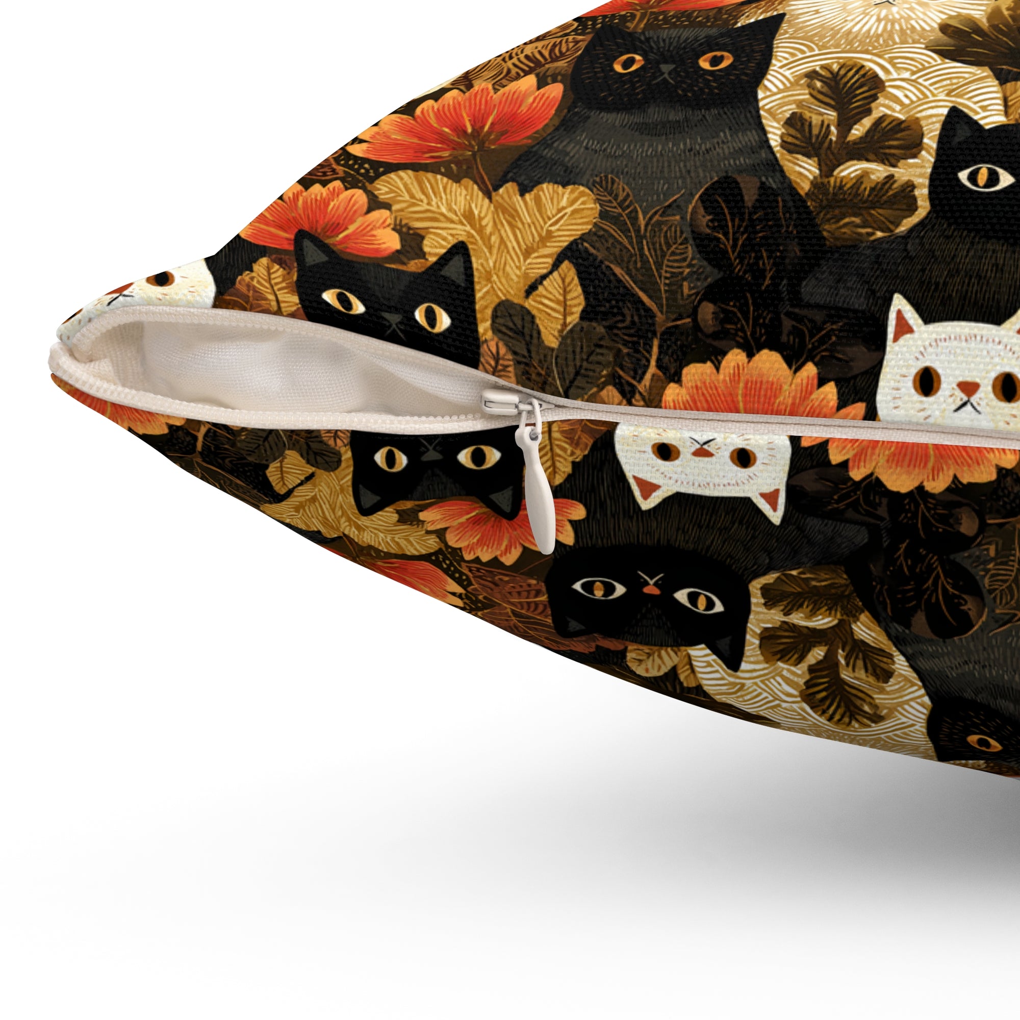 Indoor Square Pillow - A dark and fantastical illustrative painting of many different cats and plants, creating a dense, mysterious, and golden jungle or forest scene.