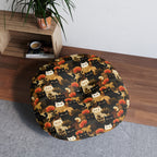 Indoor Round Floor Pillow - A dark and fantastical illustrative painting of many different cats and plants, creating a dense, mysterious, and golden jungle or forest scene.