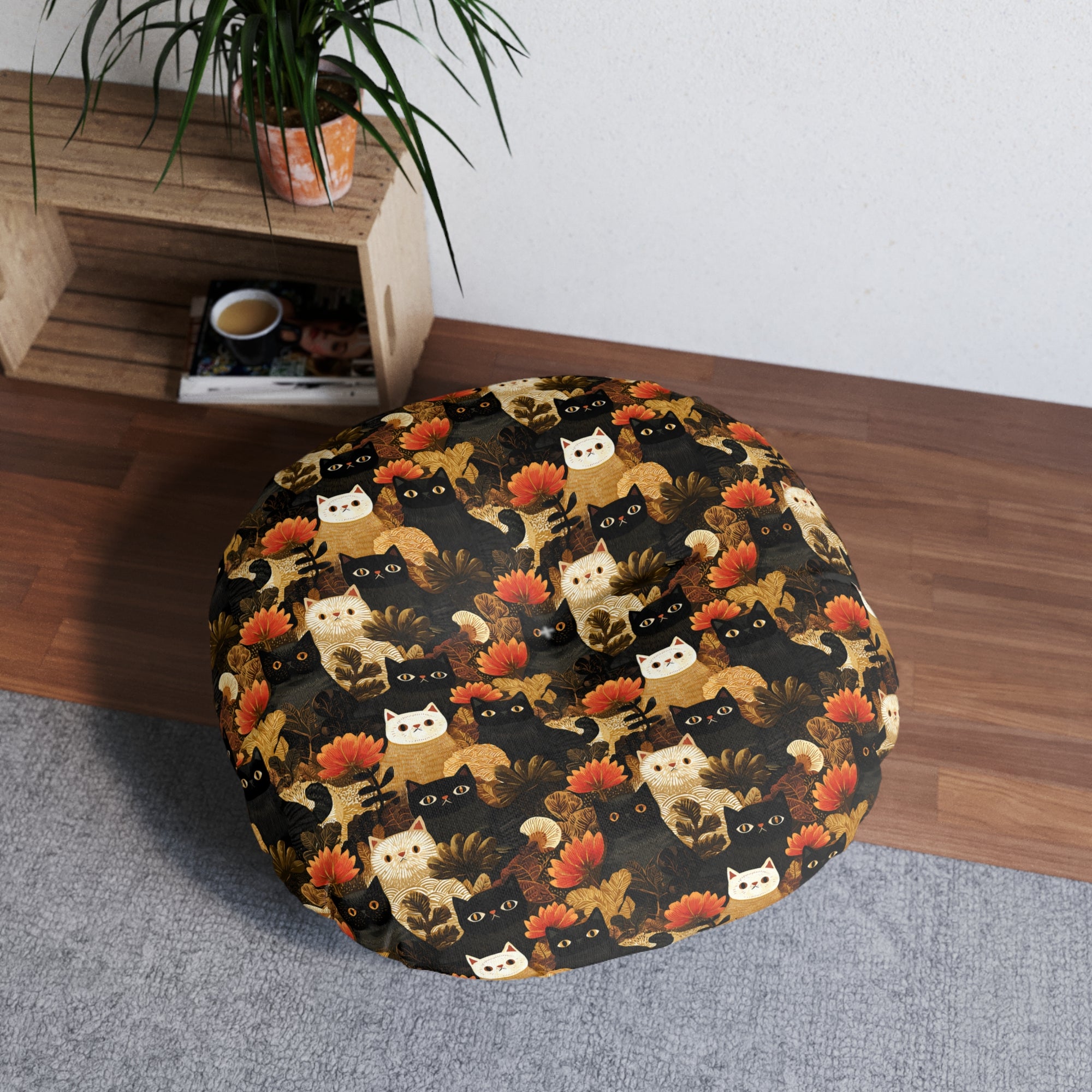 Indoor Round Floor Pillow - A dark and fantastical illustrative painting of many different cats and plants, creating a dense, mysterious, and golden jungle or forest scene.